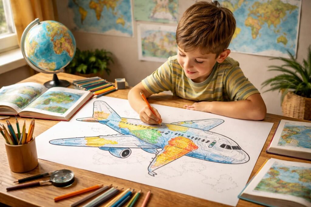 découvrez comment le coloriage d'un avion peut rendre l'apprentissage de la géographie amusant et interactif pour les enfants.