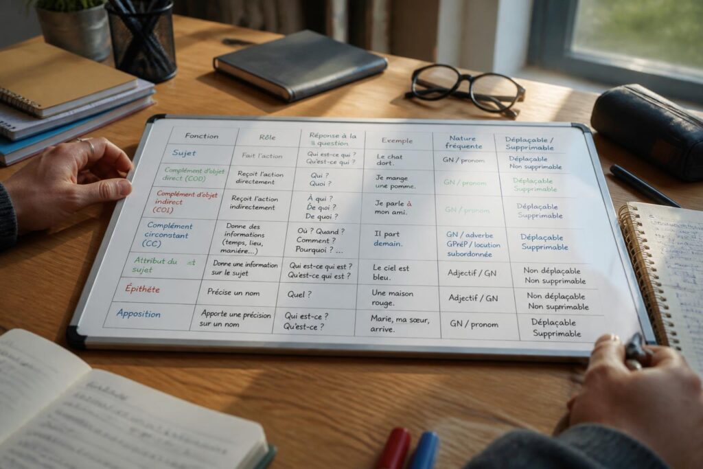 découvrez un tableau synthétique des fonctions grammaticales, idéal pour étudiants et enseignants souhaitant approfondir ou réviser les notions clés de la grammaire française.