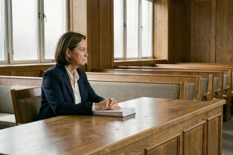 Femme seule dans une salle d'audience lors d'une procédure JAF, illustrant l'absence d'une partie lors d'une audience familiale