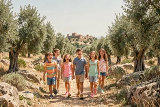 Groupe d'enfants explorant un paysage de garrigue dans le Gard, avec architecture romaine en arrière-plan