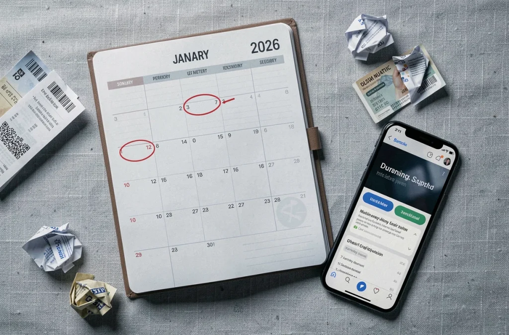 Vue aérienne d'un agenda 2026 avec dates de versement RSA entourées en rouge, smartphone et factures sur bureau