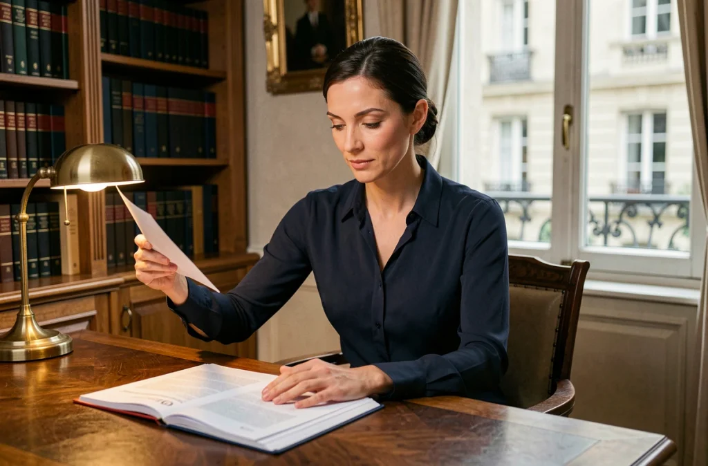 Juriste et essayiste française travaillant dans un bureau parisien, évoquant la biographie et la vie professionnelle d'Anne-Charlène Bezzina