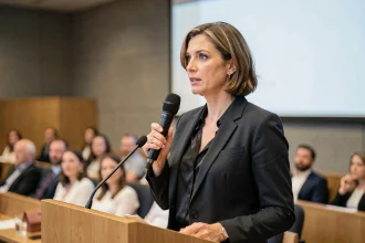 Femme juriste française prenant la parole lors d'une conférence professionnelle, illustrant la carrière d'Anne-Charlène Bezzina