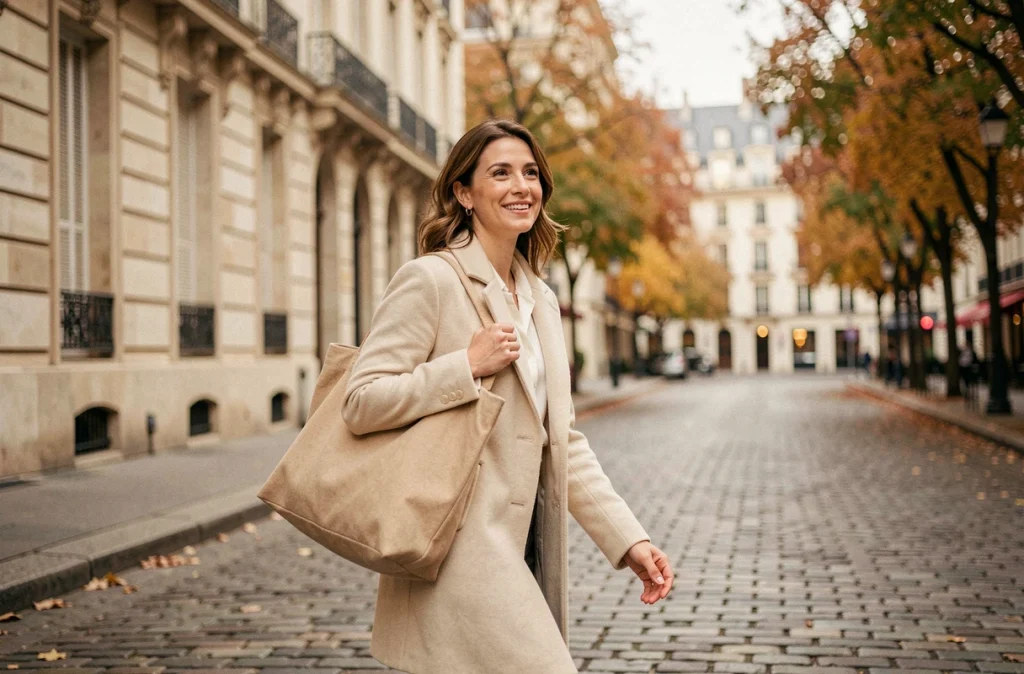 Femme publique française en promenade dans les rues de Paris, illustrant la vie privée et le quotidien d'Anne-Charlène Bezzina