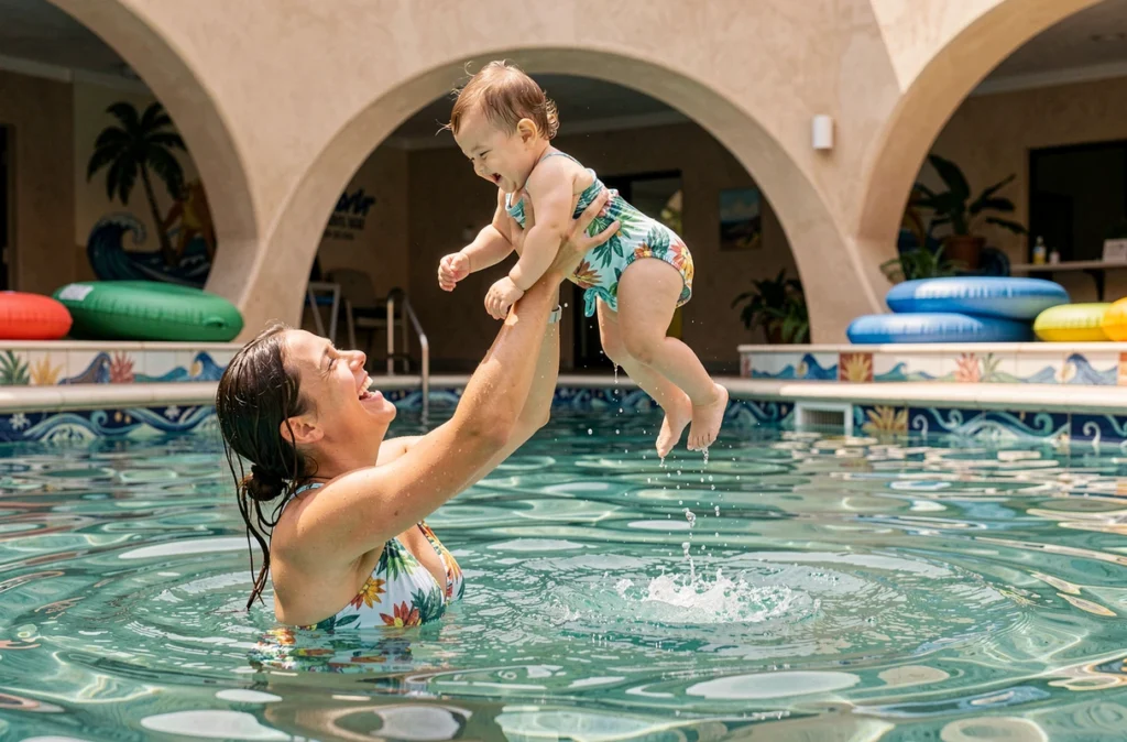 Mère soulevant son bébé hors de l'eau lors d'un cours de bébé nageur à l'Archipel du Vincin