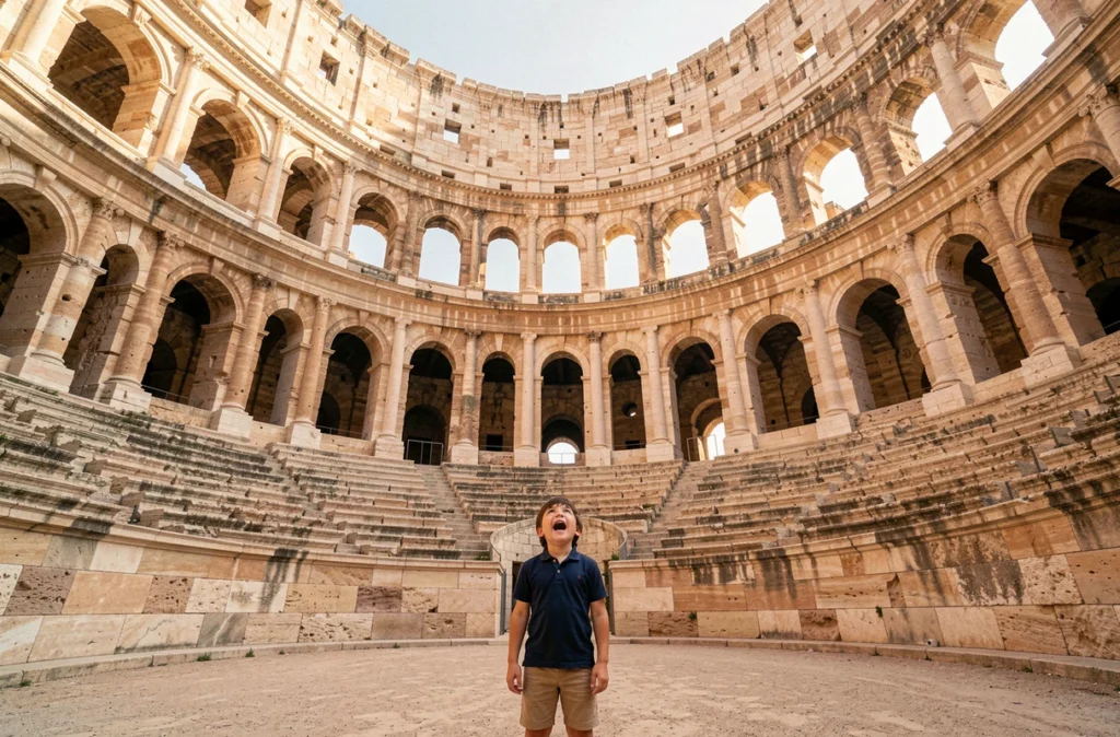 Enfant admirant l'amphithéâtre romain des Arènes de Nîmes depuis le sable de l'arène