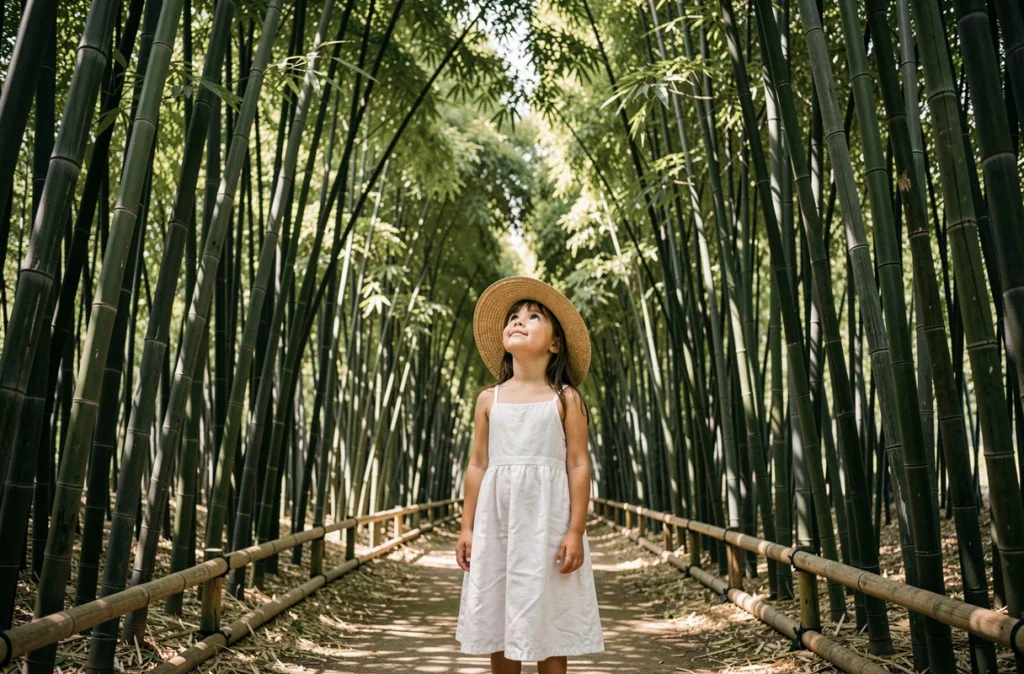 Petite fille émerveillée dans les allées de bambous géants de la Bambouseraie en Cévennes