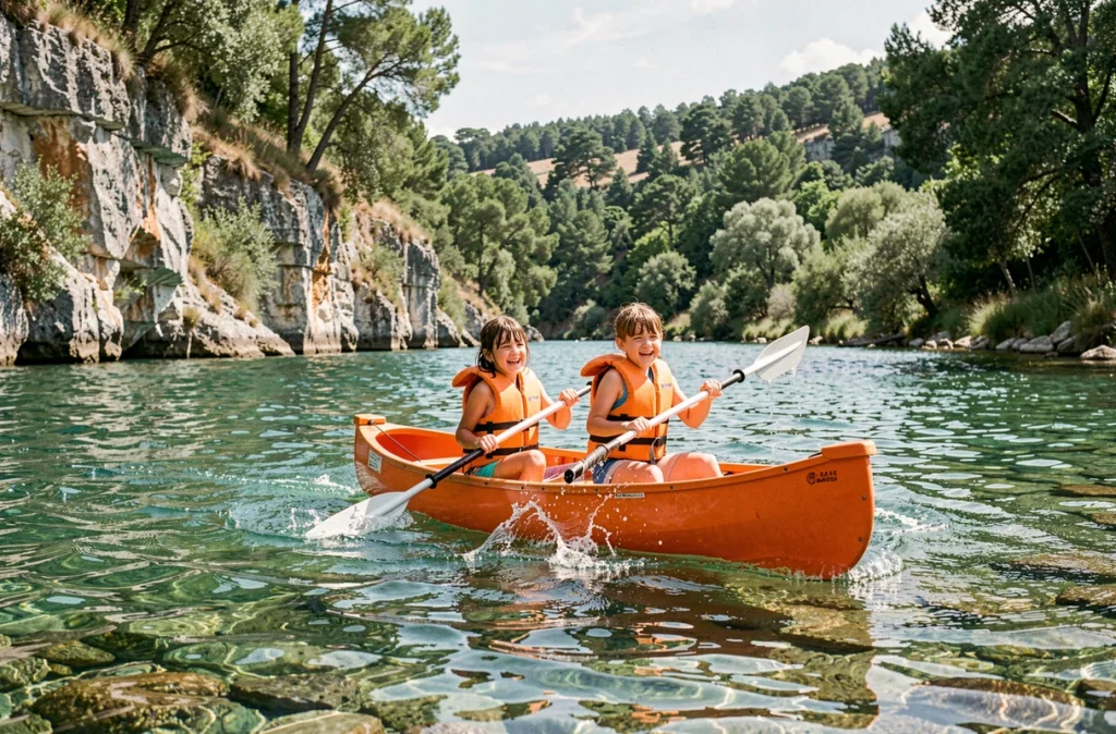 Enfants pagayant en canoë sur la rivière cévenole à la Base Nautique Les Camboux