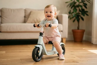 Bébé de 18 mois assis sur un scooter électrique pour enfant dans un salon chaleureux, tenant le guidon avec bonheur