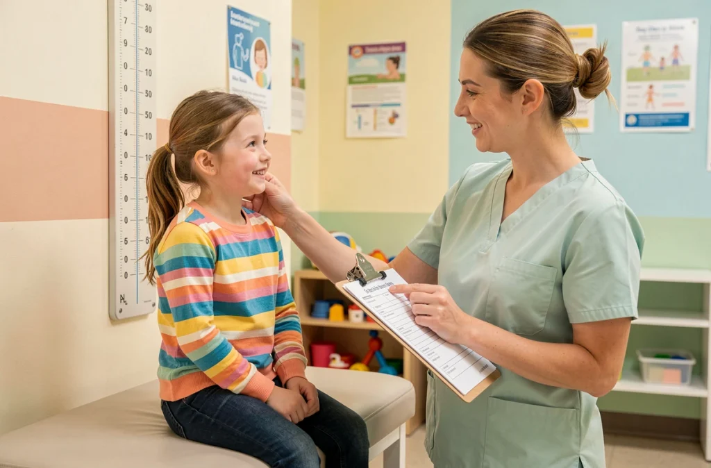 Infirmière mesurant la taille d'une enfant lors d'un bilan de santé pédiatrique en cabinet médical