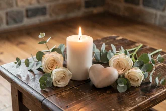Bougie blanche de deuil avec un cœur en céramique posé sur une table en bois sombre, entourée de roses séchées et d'eucalyptus, symbole de commémoration et de souvenir