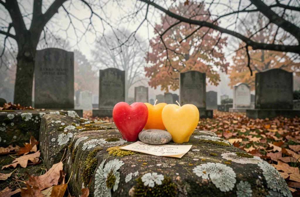 Bougies en forme de cœur disposées sur un rebord en pierre dans un cimetière en automne, entourées de feuilles mortes et d'un mot manuscrit, symboles de deuil collectif et de mémoire