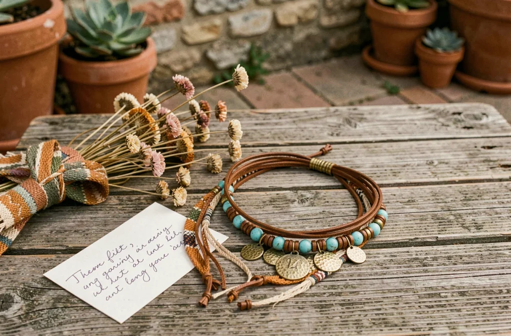 Set de bracelets bohèmes avec perles et cordons en cuir disposés en flat-lay sur bois rustique pour cadeau de marraine