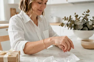 Femme portant un bracelet minimaliste doré en tant que cadeau pour une marraine, posé sur table en marbre dans une cuisine scandinave