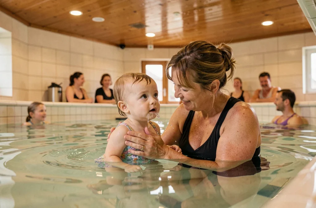 Grand-mère et bébé nageur dans le bassin chaleureux de Bulle d'O à Joué-lès-Tours