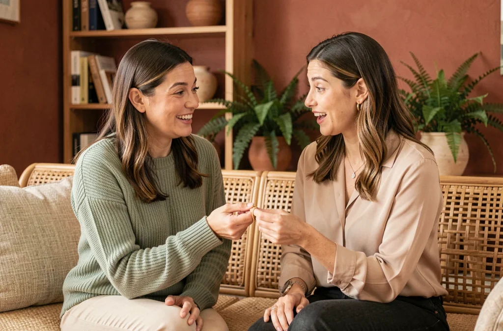 Deux femmes partageant un moment complice lors de l'offre d'un bracelet cadeau pour marraine dans un salon bohème chaleureux