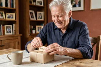 Grand-père souriant découvrant un cadeau personnalisé gravé à son nom pour la Fête des grands-pères