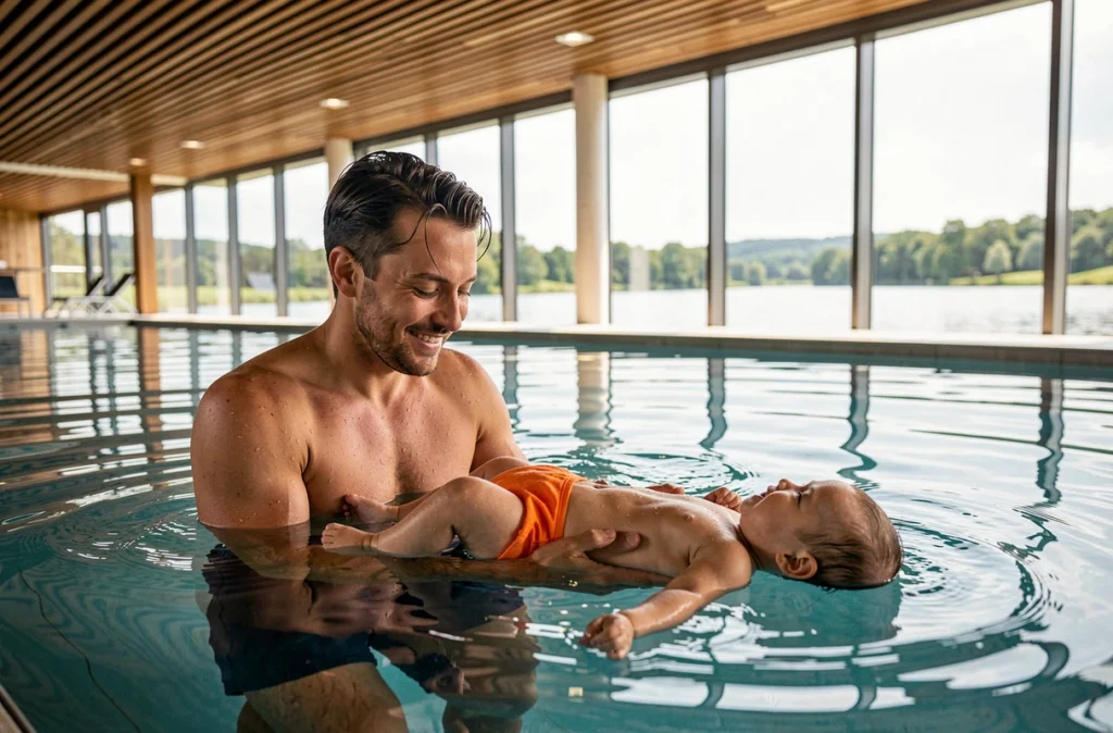 Séance de bébé nageur au Centre Aquatique du Lac de Tours, père et bébé dans le bassin