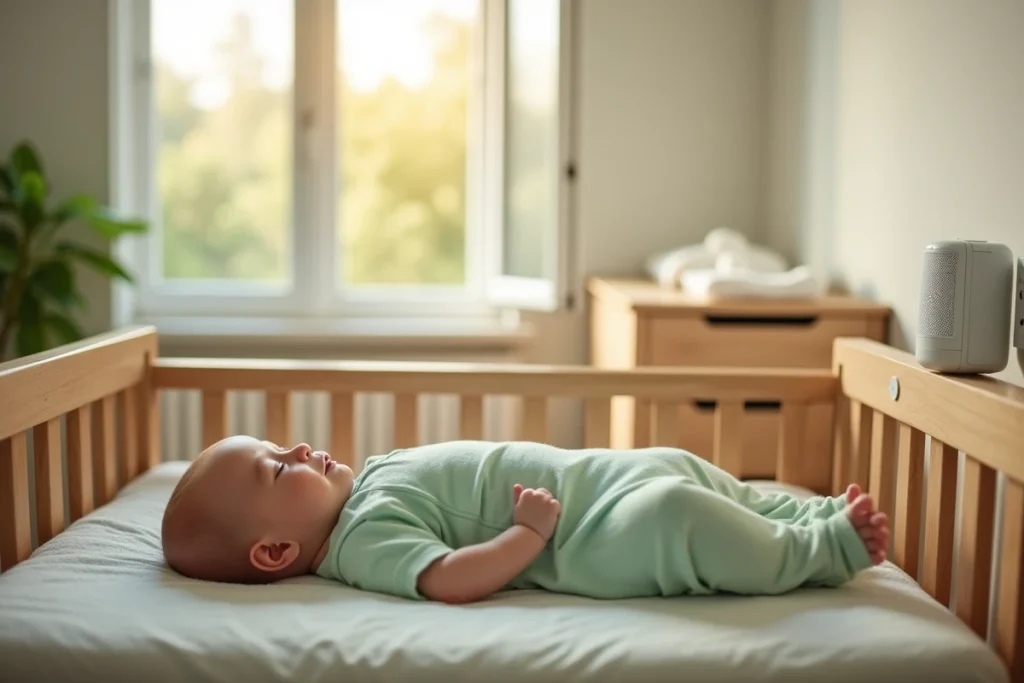 Bébé dormant dans son berceau avec un diffuseur anti-moustique branché dans la chambre, fenêtre ouverte avec moustiquaire