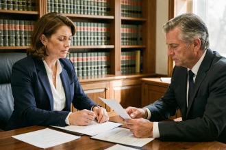 Une cliente discutant avec son avocat autour de documents juridiques dans un cabinet d'avocat, illustrant le changement d'avocat en cours de procédure