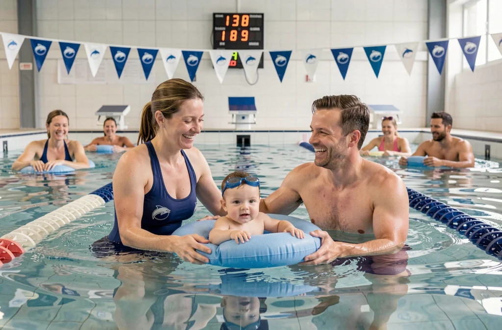 Instructeur guidant un père et son bébé lors d'un cours collectif au Club des Dauphins de Saint-Louis