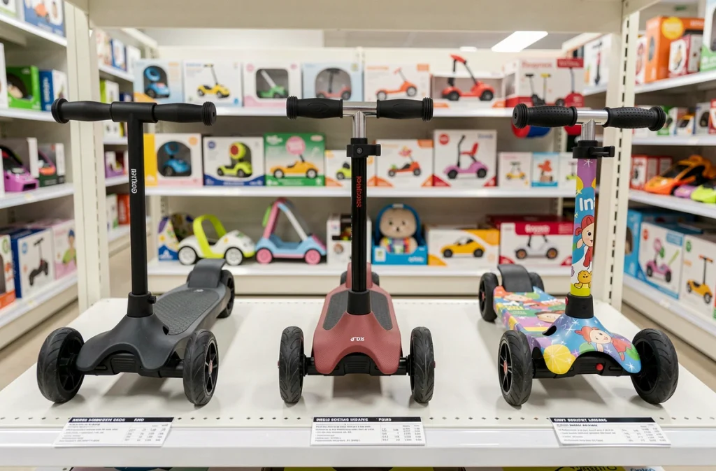Comparaison de trois modèles de scooters électriques pour bébé exposés côte à côte sur un rayon de magasin spécialisé