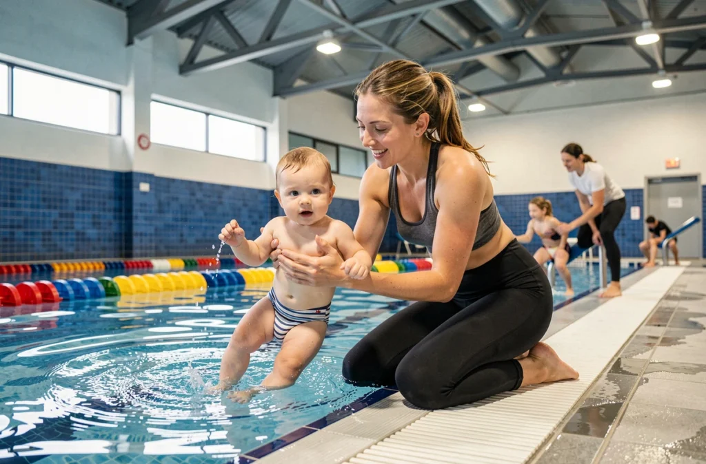 Mère et nourrisson au Complexe Aquatique Pharéo lors d'une initiation à la natation pour bébés