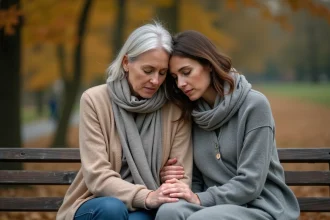 Deux amies assises sur un banc en automne, l'une réconfortant l'autre d'un geste doux sur le bras, scène de condoléances sincères en plein air