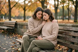 Deux amies assises sur un banc de parc en automne, l'une réconfortant l'autre avec un geste de compassion lors d'un moment de deuil