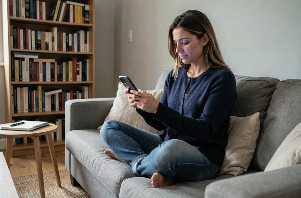 Femme assise sur un canapé rédigeant un message de condoléances sur les réseaux sociaux avec une expression compatissante