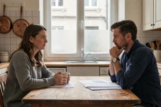 Couple en crise assis à distance l'un de l'autre dans une cuisine française, illustrant la tension conjugale et le risque de divorce