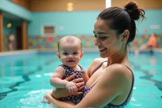Parent et bébé nageur lors d'un cours de bébé nageur dans une piscine municipale en Centre-Val de Loire