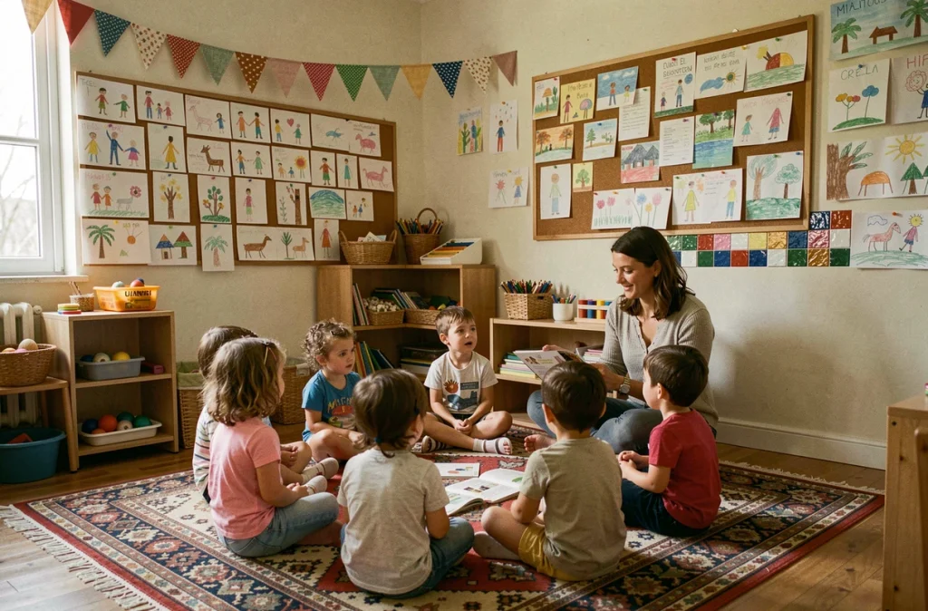 Séance de lecture en cercle à la crèche associative Les Pitchounets à Montpellier avec décoration participative et conviviale