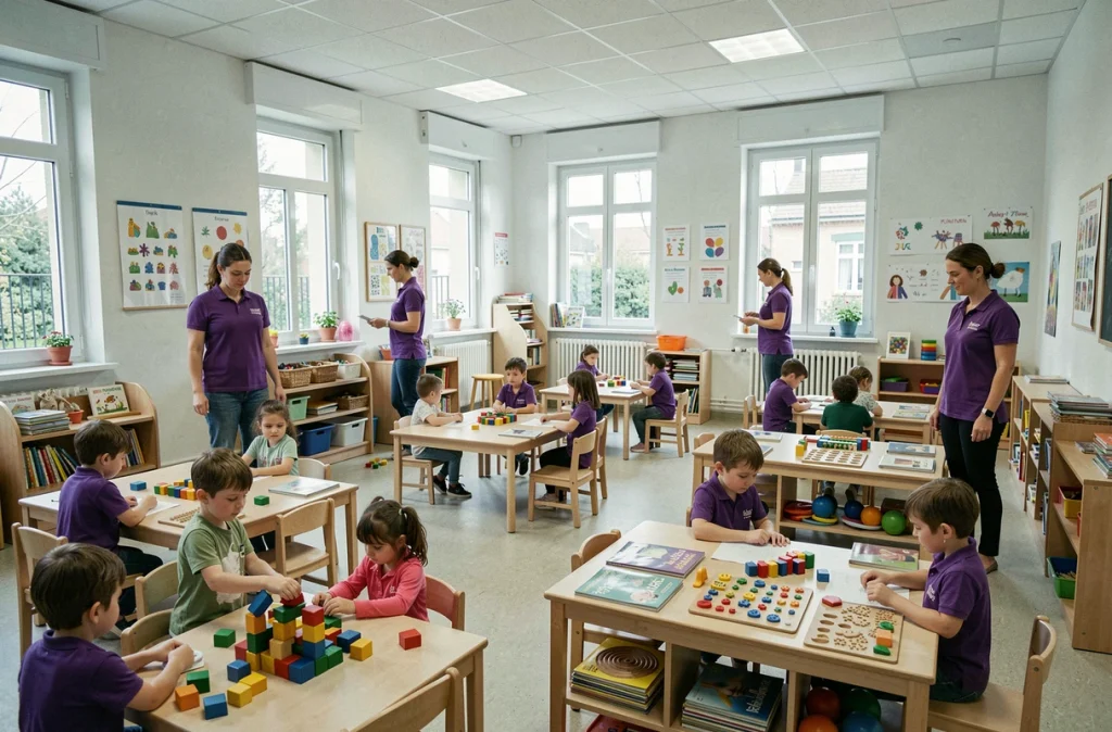 Salle d'activités animée de la crèche municipale Papillon à Toulouse avec plusieurs enfants et éducatrices en polo violet