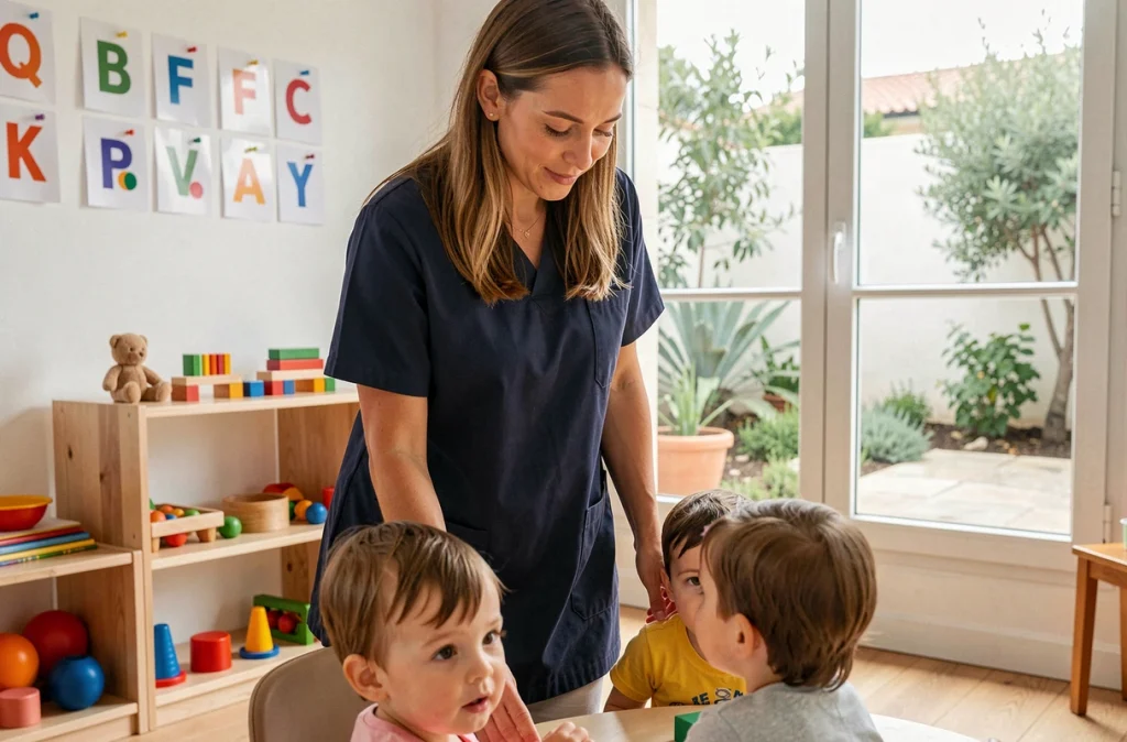 Auxiliaire de puériculture en interaction douce avec des tout-petits à la crèche New Born Cap'Calin de Perpignan