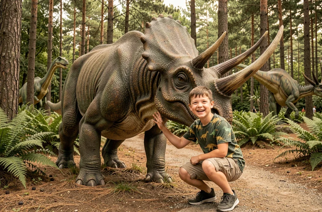 Garçon posant avec une réplique grandeur nature de tricératops au Dinopédia Parc à La Grande Combe