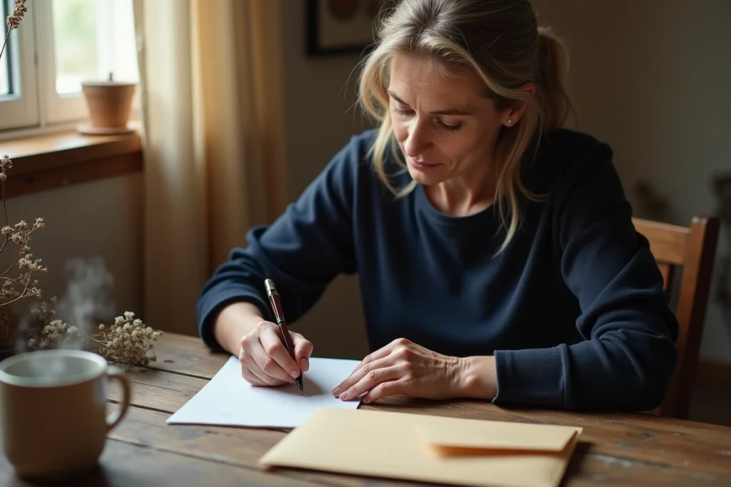 Femme écrivant un message de condoléances à la main sur du papier crème, entourée d'une tasse de thé et de fleurs séchées dans une cuisine chaleureuse