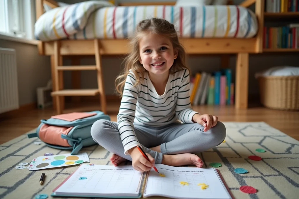Fillette organisant son planning de vacances scolaires dans sa chambre avec un agenda illustré et des autocollants colorés