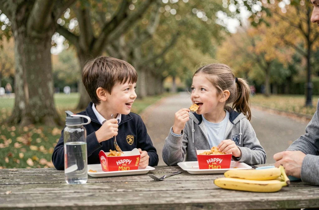 Deux enfants mangeant un Happy Meal équilibré avec eau et fruit dans un parc en France