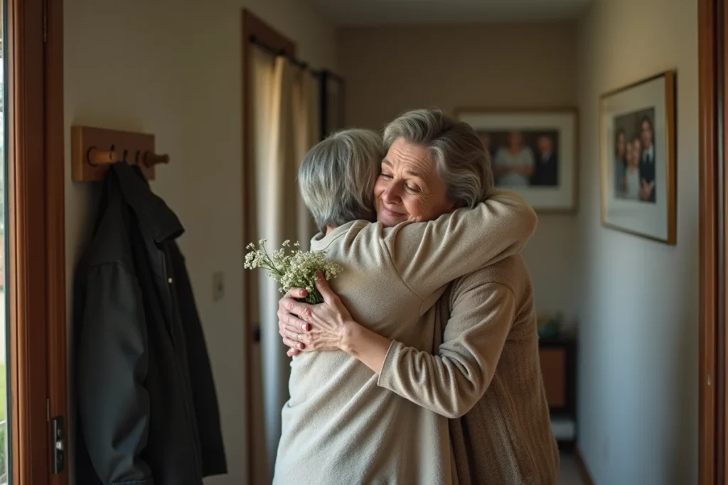 Deux amies s'étreignant à la porte d'une maison, l'une apportant des fleurs blanches en signe de condoléances, moment émouvant de soutien amical