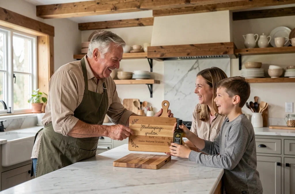 Famille de trois générations offrant un cadeau personnalisé à grand-père dans une cuisine de style maison de campagne française