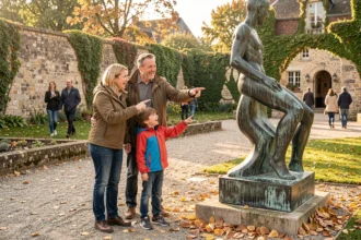 Famille avec enfants explorant un jardin de musée en Île-de-France en automne, entourés de sculptures et de feuilles dorées