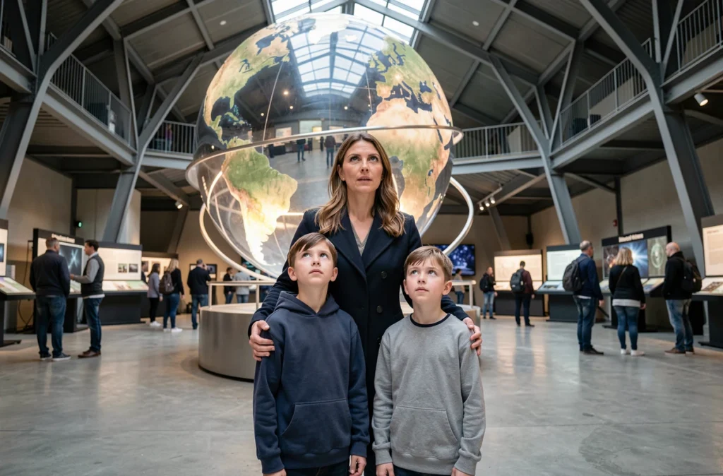 Mère et enfants admirant une exposition interactive dans un musée scientifique en Île-de-France