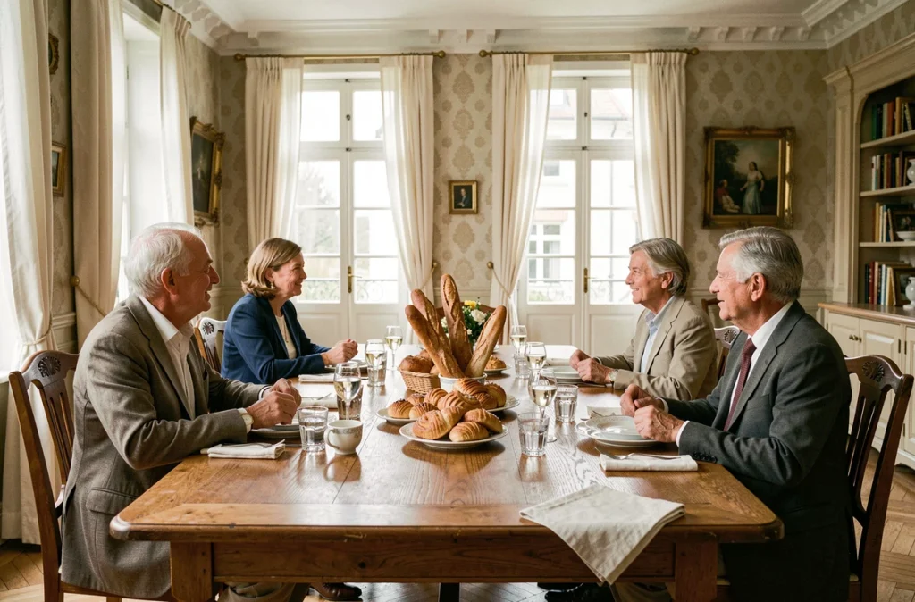 Réunion de famille bourgeoise autour d'une table dans un intérieur picard élégant, symbolisant les liens familiaux de la famille Trogneux