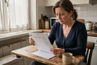Femme consultant un calendrier de versement RSA avec des dates entourées à la main sur sa table de cuisine