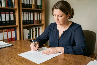 Femme rédigeant une lettre explicative pour un juge à son bureau à domicile