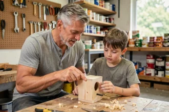 Figure paternelle : homme d'âge mûr et jeune garçon construisant une mangeoire en bois dans un atelier de garage, moment de transmission intergénérationnelle
