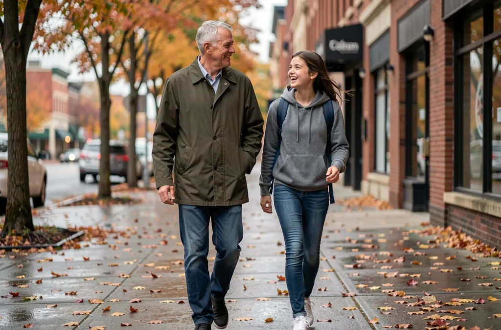 Figure paternelle au-delà du père biologique : homme quinquagénaire marchant avec une adolescente en ville à l'automne, relation de confiance et de guidance