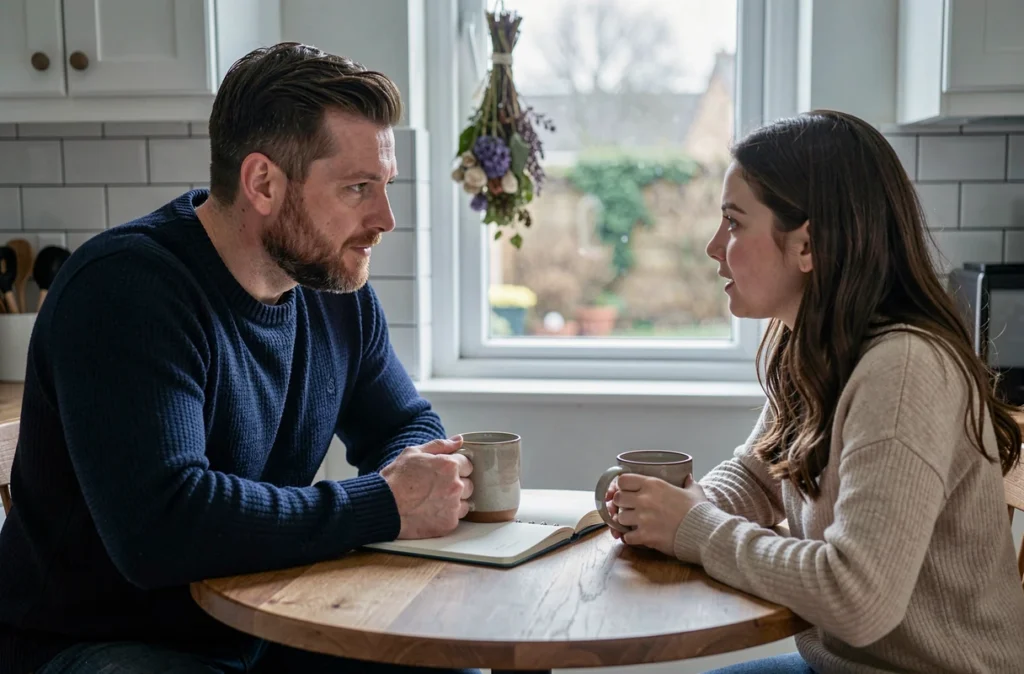 Figure paternelle et rôle de mentor : homme adulte écoutant attentivement une jeune femme autour d'un café à la maison, dialogue bienveillant et soutien émotionnel