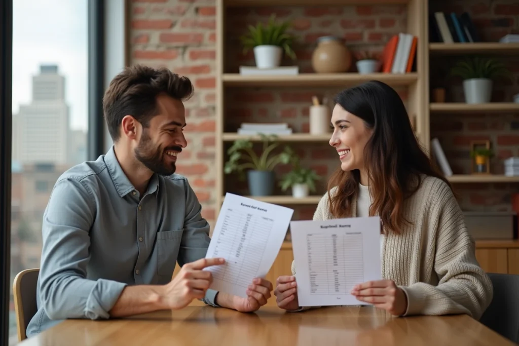 Deux parents en garde alternée discutant des calendriers scolaires par zones autour d'une table dans un appartement moderne